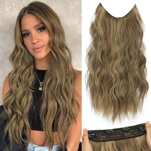 Extensiones de cabello largo ondulado rubio miel con reflejos, línea de pescado transparente, postizo sintético con 4 clips de seguridad, diadema