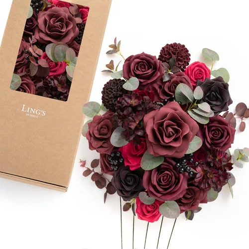 Miniatura 19 de Ling's moment Caja de flores falsas, tallos de vegetación artificiales sintéticos, rosas de espuma, peonías de seda, ranúnculo, flor fábica
