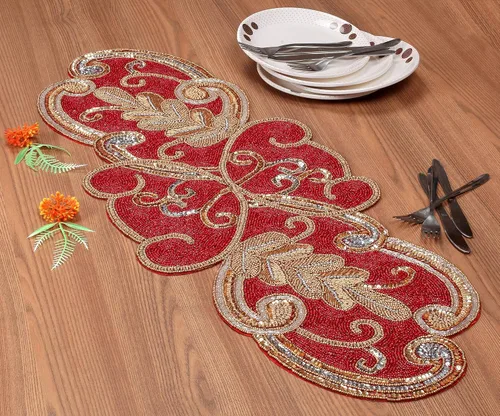 Miniatura 4 de Camino de mesa rojo navideño, camino de mesa navideño con cuentas de 36 pulgadas, camino de mesa con cuentas brillantes, centros de mesa