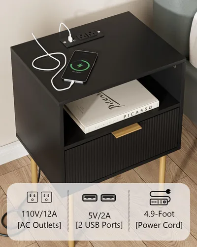 Miniatura 4 de Aienvey Mesita de noche con estación de carga, mesa auxiliar pequeña, mesita de noche moderna con cajones, mesita de noche para dormitorio, mesa