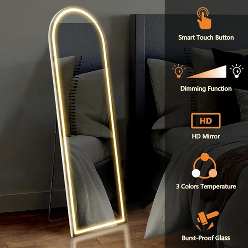 Miniatura 5 de Sweetcrispy Espejo Arqueado de Cuerpo Entero con Luces LED, Espejo de Piso Iluminado de 63"x21" con Atenuación e Iluminación de 3 Colores, Soporte