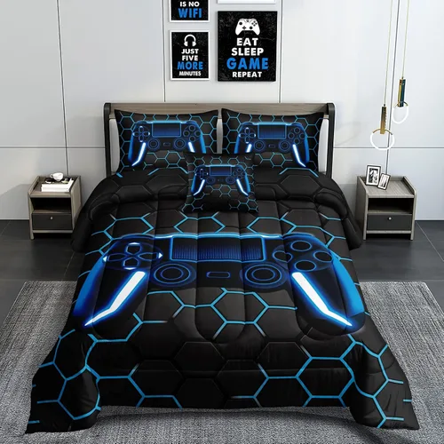 Miniatura 8 de ROWADALO Juego de ropa de cama de 5 piezas para niños, juego de edredón para niños jugadores, tamaño individual, juego de edredón de videojuegos