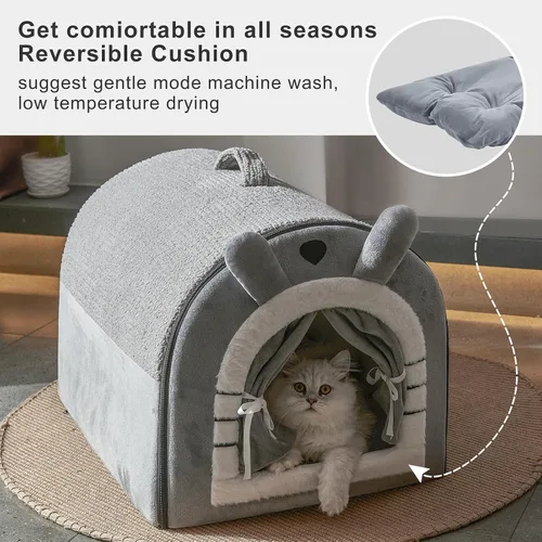Miniatura 4 de Jiupety Casas para gatos de interior, cama cueva con diseño de cortina de puerta, bonitas camas portátiles con cojín reversible lavable, tamaño S