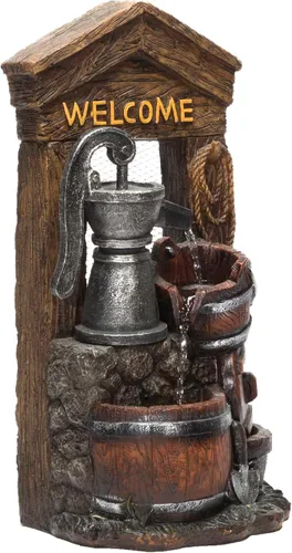 Miniatura 10 de Alpine Corporation ZEN576S - Bomba de agua de diseño rústico para exteriores y fuente de suelo de barril, letrero de bienvenida, 24 pulgadas