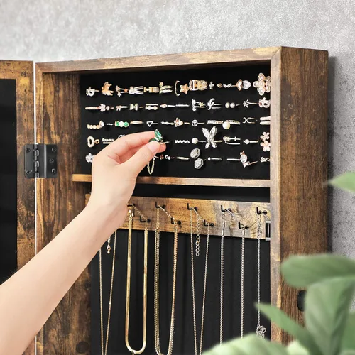 Miniatura 7 de SONGMICS Armario de joyería con cerradura con espejo, organizador de almacenamiento de joyas para ahorrar espacio montado en la pared, color marrón