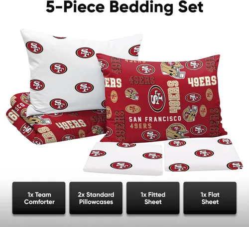 Miniatura 3 de FOCO Juego de ropa de cama unisex para adultos con logotipo del equipo de la NFL, sábanas y fundas de almohada, juego de ropa de cama de 5 piezas