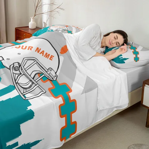 Miniatura 3 de Erosebridal Juego de cama matrimonial personalizado para niños, amantes del fútbol americano, sábana bajera ajustable con 2 fundas de almohada Miami