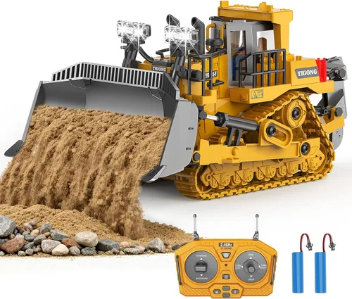 Bulldozer de juguete RC con hoja de metal, luz y sonido, 9CH 2.4GHz control remoto camión de construcción, tractor topador juguetes para niños de 3