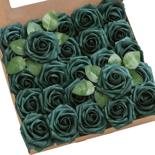 Ling’s Moment - Flores Artificiales, 50 piezas, Rosas Verde Pavo Real con Tallos, 3" de Tacto Real, Espuma DIY para Ramilletes de Boda/Centros de