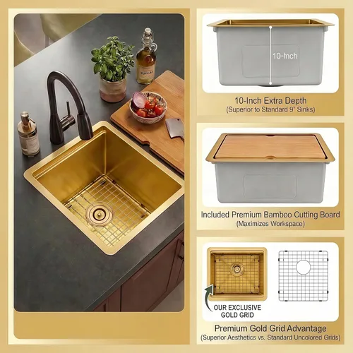 Miniatura 4 de LQS Fregadero pequeño de barra dorada para montaje inferior, fregadero de barra húmeda de PVD dorado y fregadero de cocina RV de 15 x 17 pulgadas