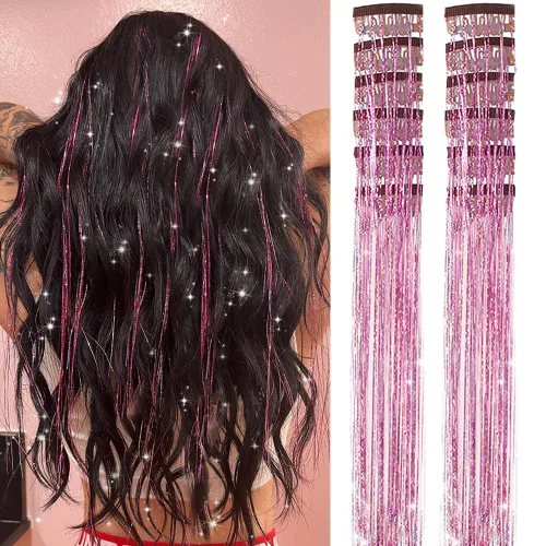 Paquete de 12 extensiones de cabello de oropel rosa con clip, 20 pulgadas, con purpurina, extensiones de cabello de oropel con purpurina,