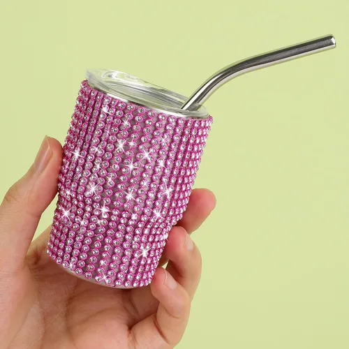 Miniatura 4 de INSTOME Vaso de chupito brillante de 3 onzas, mini tazas con tachuelas de diamantes de imitación con pajitas, brillo similar a un diamante para Rosa