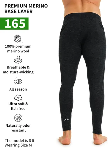 Miniatura 2 de Pantalones de capa base de lana merina para hombre, 100% lana merina, ligeros, ropa interior térmica de peso medio, pantalones largos + calcetines