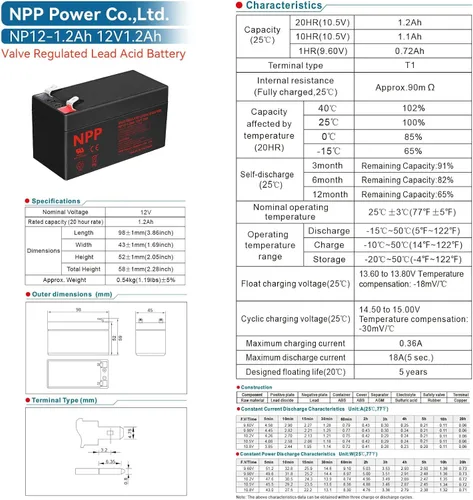 Miniatura 6 de NPP Batería AGM recargable de 12 V 1.2 Ah, plomo ácido sellado NP12-1.2Ah T1 baterías de reserva para sistema de seguridad ADI/Ademco 484, alarma
