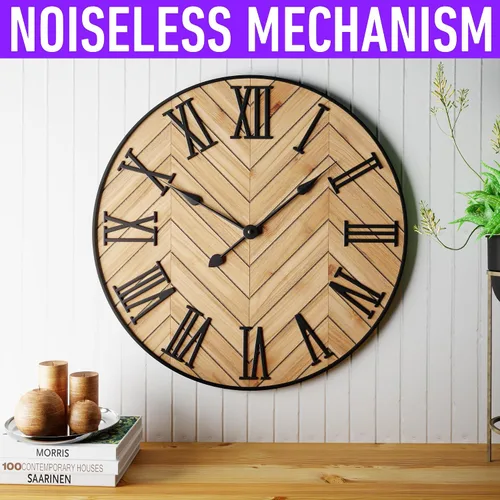 Miniatura 3 de Reloj de pared grande de 24" redondo - silencioso, metal y madera, gran reloj de pared estilo granja para decoración de sala de estar con números