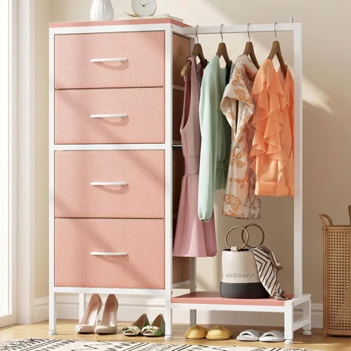 Miniatura 10 de HIGDBFE Cómoda alta de 44 pulgadas de alto con estante para colgar, cómoda pequeña de 4 cajones para dormitorio, cómoda de tela reversible con Blanco