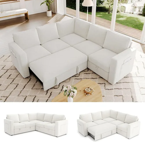 Miniatura 15 de Sofá Seccional Modular de 85 Pulgadas con Cama Extraíble, Sofá Cama Seccional en Forma de L de 5 Asientos con Almacenamiento, Sofás Seccionales