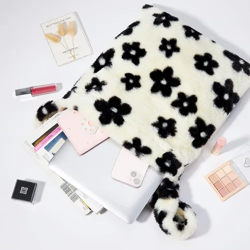 Miniatura 4 de Bolso de mano peludo y esponjoso, bolso grande y mullido, lindo bolso de felpa con cremallera para mujeres y niñas, bolso de hombro de piel