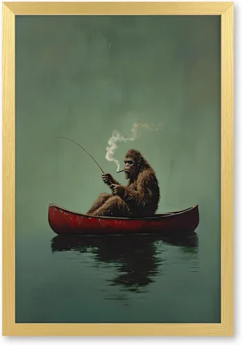 Miniatura 23 de Póster de lienzo retro de Sasquatch, divertido pie grande en una canoa roja, pesca verde esmeralda, arte de pared, diseño de casa de lago, vintage
