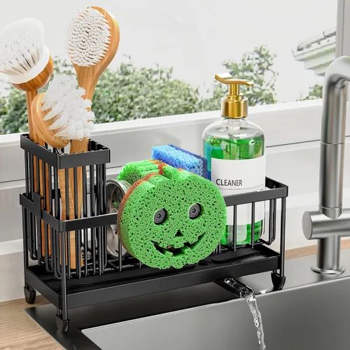 Miniatura 28 de Cisily Soporte de esponja negro extra grande para fregadero de cocina, organizador de fregadero con soporte alto para cepillos, organizadores