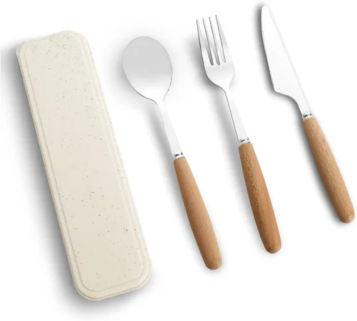 Utensilios de viaje reutilizables con funda, juego de cubiertos portátiles de 4 piezas, cuchillos, tenedor y cuchara para lonchera, juego de