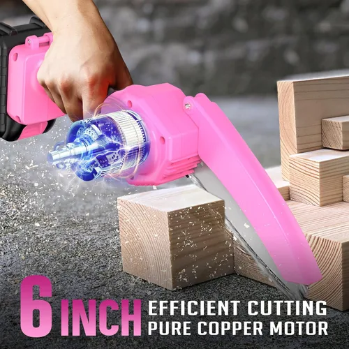 Miniatura 5 de Mini motosierra de 6 pulgadas alimentada por batería - Rosa motosierra eléctrica inalámbrica de mano con 2 baterías recargables - Motosierras