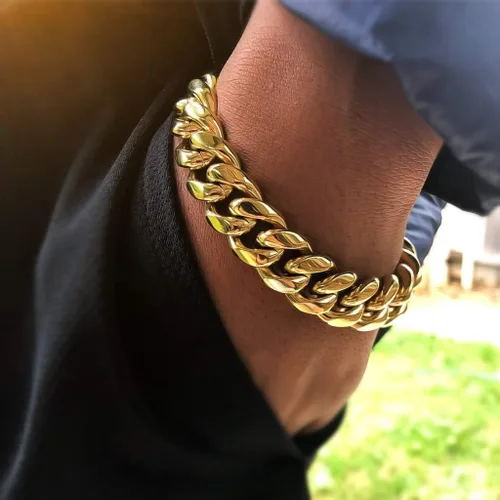 Miniatura 5 de Gargantillabrazalete con cadena de eslabones cubanos pesados para hombre, de acero inoxidable grueso chapado en oro de 14 quilates, disponible