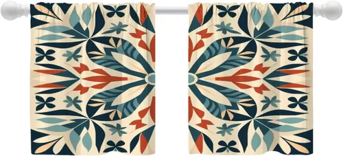 Miniatura 164 de Shrahala Beige and Orange Abstract Art Brushstrokes Blackout Curtain Tiers, Abstract Oil Paint Kitchen Valance Light Blocking Tier Drapes with Rod