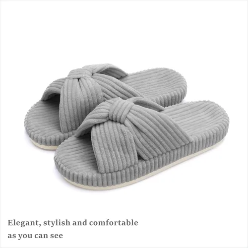 Miniatura 6 de Chantomoo Pantuflas para mujer, de espuma viscoelástica, para el dormitorio, con lazo de pana, con bandas cruzadas, cómodas, modernas, para regalo