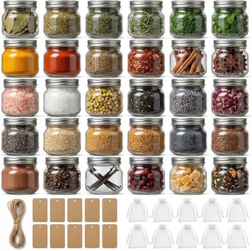 Miniatura 8 de Tarros de vidrio de 4 onzas con tapas, paquete de 6 tarros pequeños con bolsas de regalo y etiquetas, mini tarros de vidrio herméticos inoxidables