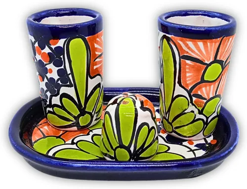 Miniatura 2 de Juego de vasos de chupito de tequila Talavera con bandeja y salero (juego de 2) - Diseño de flores verdes - Juego de regalo mexicano auténtico Flor