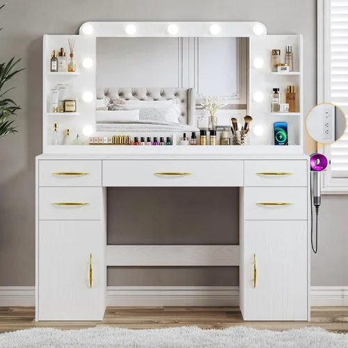 ALEXNUTRE Escritorio de maquillaje con luces, tocador grande de 45.5 pulgadas con espejo y luces en 3 modelos, tocador con toma de corriente,