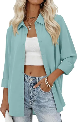 Miniatura 8 de siliteelon Camisas con botones para mujer, camisas de vestir sólidas, de manga larga, cuello fluido, para trabajo, oficina, negocios, blusas de gasa