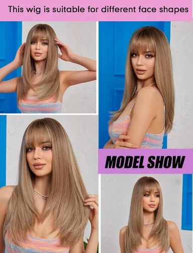 Miniatura 6 de Pelucas rubias cenizas para mujer, peluca larga recta en capas con flequillo, cabello sintético natural con raíces oscuras