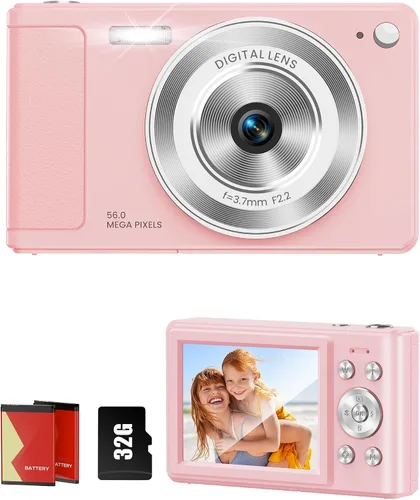 WONNIE Cámara digital de 56 MP, FHD 1080P para apuntar y disparar con tarjeta SD de 32 GB, 2 baterías y cordón, ideal para niños y adolescentes,