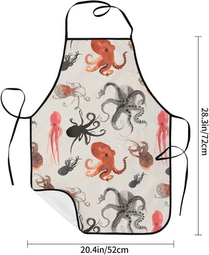 Miniatura 6 de BREAUX Color Octopus Print Apron, Apron With Pockets, Adjustable Bib Apron, Chef'S Apron, Bbq Apron, White