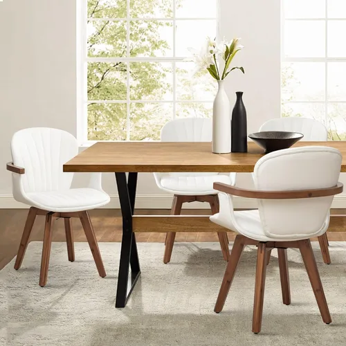 Miniatura 13 de LUNLING Sillas de comedor giratorias, sillas de cocina modernas de cuero sintético negro de mediados de siglo con brazos, patas de bambú, sillas