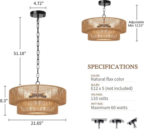 Miniatura 6 de LamQee Candelabros de Ratán Estilo Granja de 22 Pulgadas, Lámpara de Araña Boho de 5 Luces con Pantalla de Mimbre Tejida a Mano, Luces Colgantes