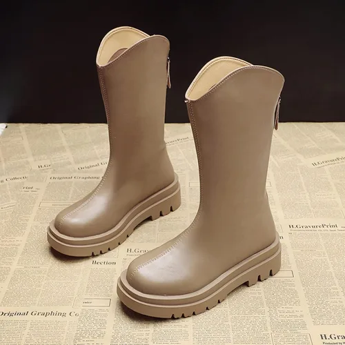 Miniatura 2 de Botas de pantorrilla ancha para mujer, suela gruesa de trabajo vaquera con cremallera trasera, estilo británico