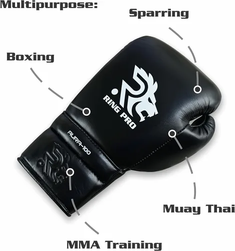 Miniatura 5 de Aura 100 Guantes de Boxeo de Cuero de Grano Completo con Cordones para Hombres y Mujeres, para Entrenamiento, Sparring, Muay Thai, Kickboxing, Saco