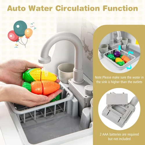 Miniatura 2 de Costzon Cocina de esquina para niños, juego de cocina de madera con circulación de agua, luz y sonido reales, microondas, campana extractora, gris