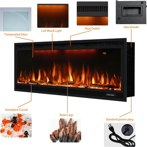 Miniatura 7 de Chimenea eléctrica inteligente de 42 pulgadas con control por aplicación, montaje en pared e insertos de chimenea empotrados en la pared, llama