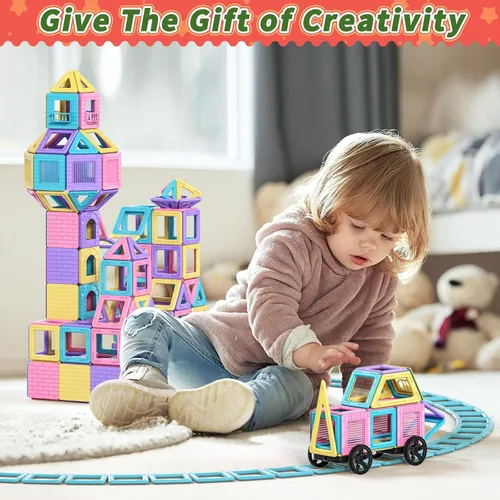 Miniatura 4 de Rurvale 100 azulejos magnéticos, bloques magnéticos para niños de 3, 4, 5, 6, 7, 8 años, juguetes educativos STEM para niños de 3 a 5, 4 a 8 años