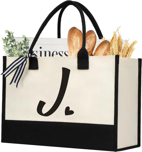 Miniatura 21 de shenee - Bolsa de lona con inicial, bolsa de yute personalizada para la playa, regalo de vacaciones para mujeres, cumpleaños de amigos, boda, año