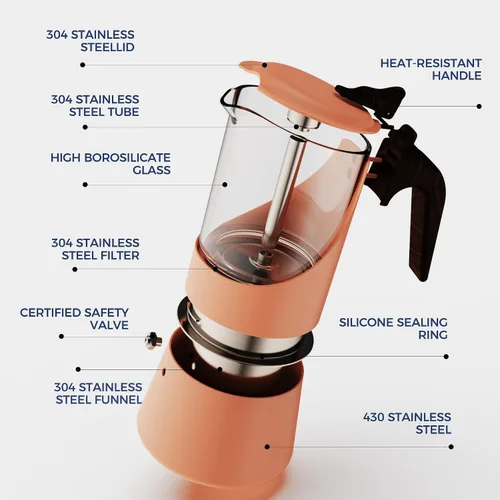Miniatura 2 de Olla de Moka de Vidrio TWOCE para Estufa y Inducción - Cafetera de Espresso Italiana con Mango de Madera y Diseño a Prueba de Fugas - Incluye Placa