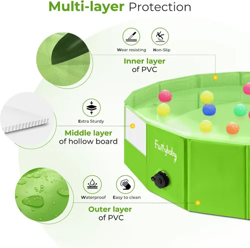 Miniatura 2 de Furrybaby Piscina para Perros, Piscina Infantil con Plato Duro, Plegable, Baño para Mascotas, Piscina Plegable para Mascotas, Portátil, Verde, 32