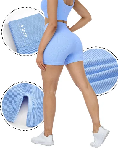 Miniatura 2 de LZYVOO Pantalones cortos de entrenamiento de 4 piezas para mujer, cintura alta, acanalados, sin costuras, pantalones cortos de ciclismo de elastano