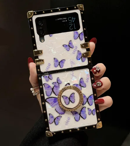 Miniatura 20 de Funda de mariposa con soporte de anillo para Galaxy Z Flip 3 para mujeres y niñas, diseño de caja cuadrada de lujo, diseño de mármol brillante