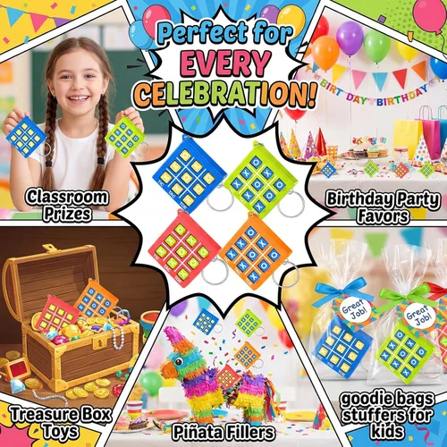 Miniatura 6 de Hicarer 64 llaveros de fiesta de Tic Tac Toe para fiestas de cumpleaños a granel, regalos de fin de año para estudiantes, niños de 8 a 12 años