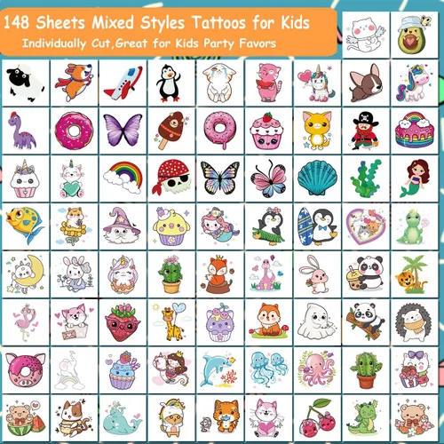 Miniatura 2 de CHARLENT Tatuajes para niños – 148 hojas individuales de estilos mixtos de tatuajes temporales, juego de calcomanías para niñas y niños, suministros